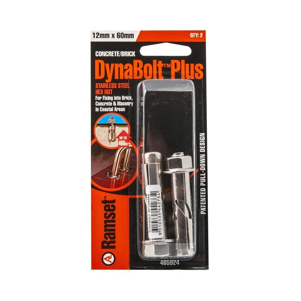 Dynabolt Plus Hex Heavy Duty Stainless Steel 12 X 60mm - 2 Pack 3 Dynabolt Plus Hex Heavy Duty Stainless Steel 12 X 60mm - 2 Pack