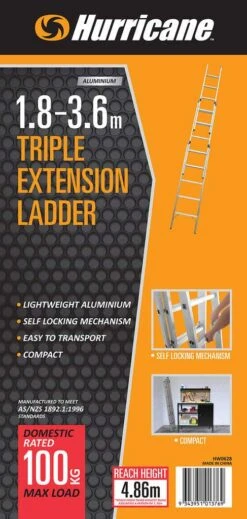 Hurricane 1.8 - 3.6m Triple Extension Ladder 100kg Domestic 12 Hurricane 1.8 - 3.6m Triple Extension Ladder 100kg Domestic -Home Hardware 5555495 4 4