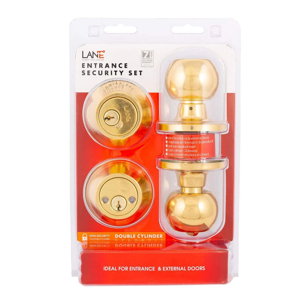 Lane Bala Knobset Security Polished Brass 3 Lane Bala Knobset Security Polished Brass