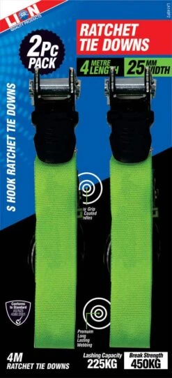 Lion Tie Down Ratchet Lashing Capacity 225kg 4m - 2 Piece