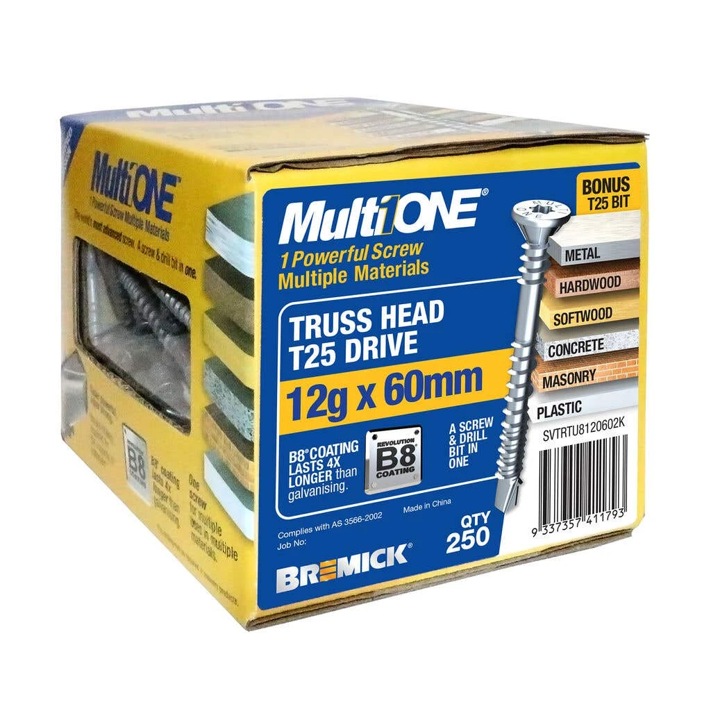 Bremick Screw MultiOne Countersunk Truss Head Torx Drive 25 B8 Coated 12g X 60mm - 250 Pack 3 Bremick Screw MultiOne Countersunk Truss Head Torx Drive 25 B8 Coated 12g X 60mm - 250 Pack