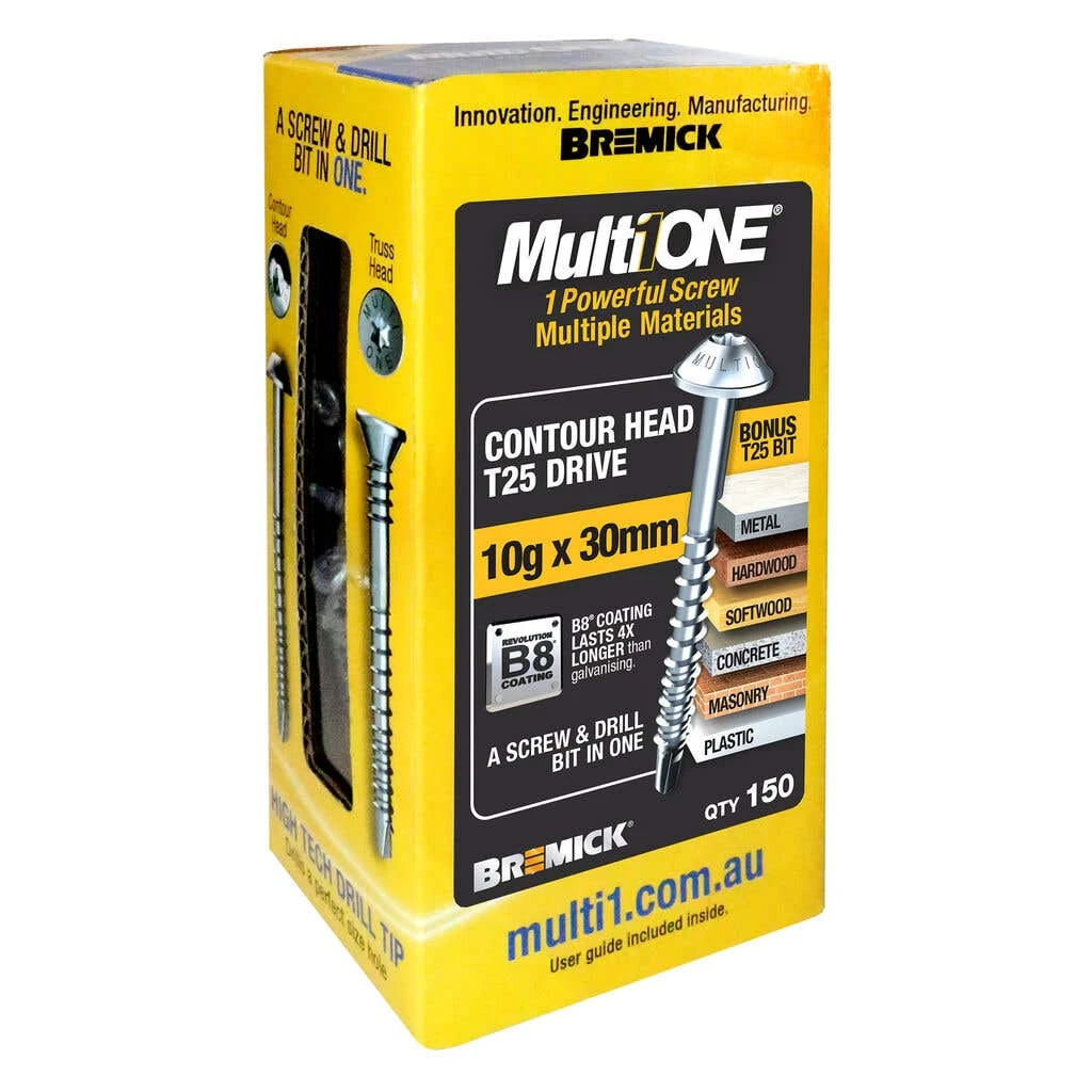 Bremick Screw MultiOne Contour Head T25 B8 Coated 10g X 30mm - 150 Pack 3 Bremick Screw MultiOne Contour Head T25 B8 Coated 10g X 30mm - 150 Pack