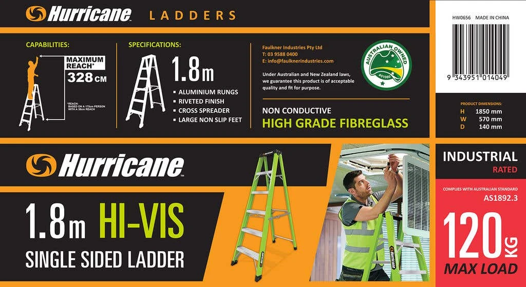 Hurricane Hi-Vis Fibreglass Single Sided Ladder 120kg Industrial 1.8m 5 Hurricane Hi-Vis Fibreglass Single Sided Ladder 120kg Industrial 1.8m - Image 3