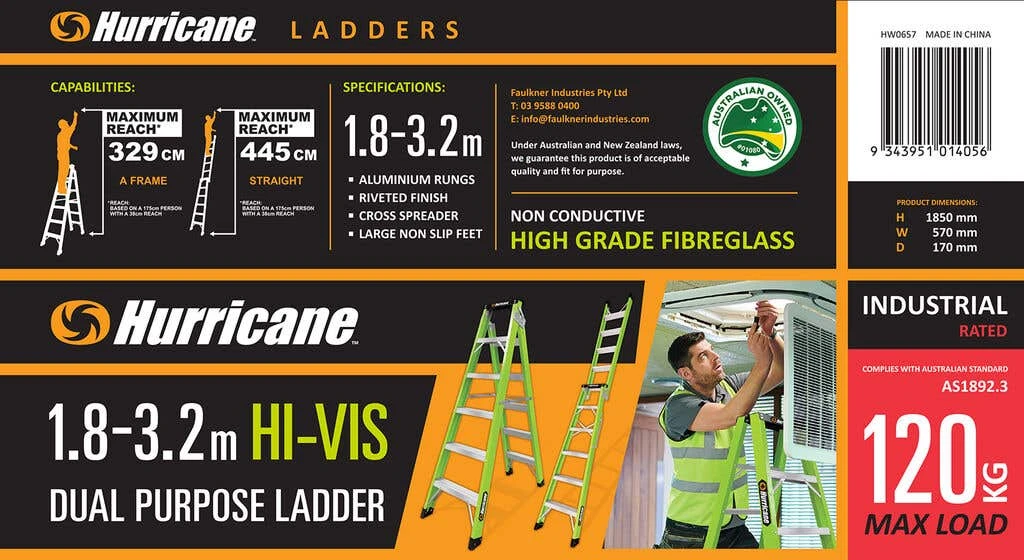 Hurricane Hi-Vis Fibreglass Dual Purpose Ladder 120kg Industrial 1.8-3.2m 6 Hurricane Hi-Vis Fibreglass Dual Purpose Ladder 120kg Industrial 1.8-3.2m - Image 4